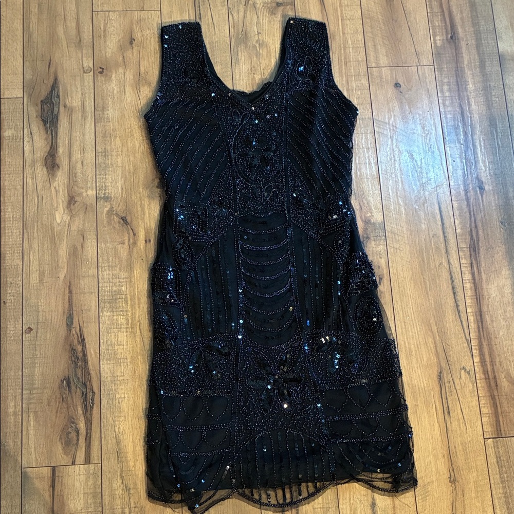 Black Beaded Sleeveless Cocktail Dress Flapper Party